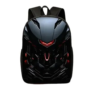 Durable Water Resistant Single Backpack, Lightweight Student Daypack With Black Red Glowing Cyber Mecha Helmet Robot Print, Breathable Padded Straps, Large Capacity Fits 15-inch Laptop for Boys School Use