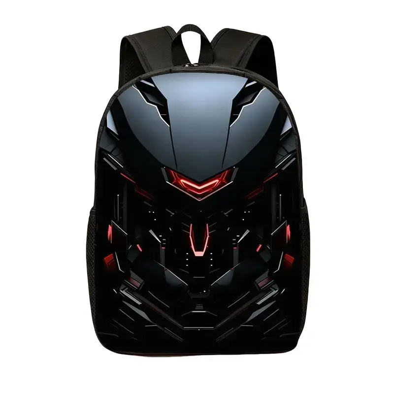 Durable Water Resistant Single Backpack, Lightweight Student Daypack With Black Red Glowing Cyber Mecha Helmet Robot Print, Breathable Padded Straps, Large Capacity Fits 15-inch Laptop for Boys School Use