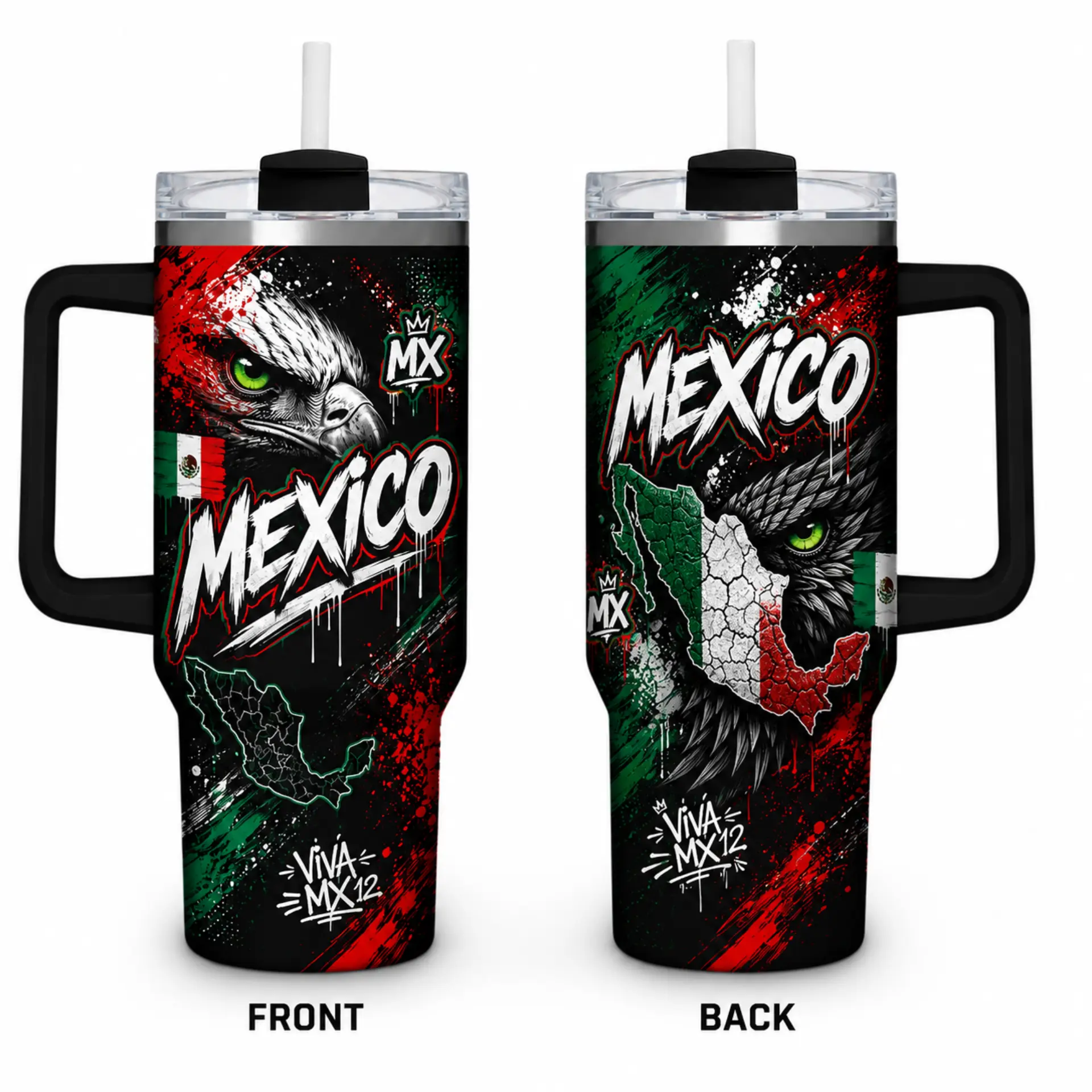 Stainless steel travel tumbler with handle (40oz capacity), Mexican Eagle & Mexican Flag design, includes straw, compatible lid and handle; keeps drinks cold for 24 hours/hot for 12 hours – A meaningful gift for adults.
