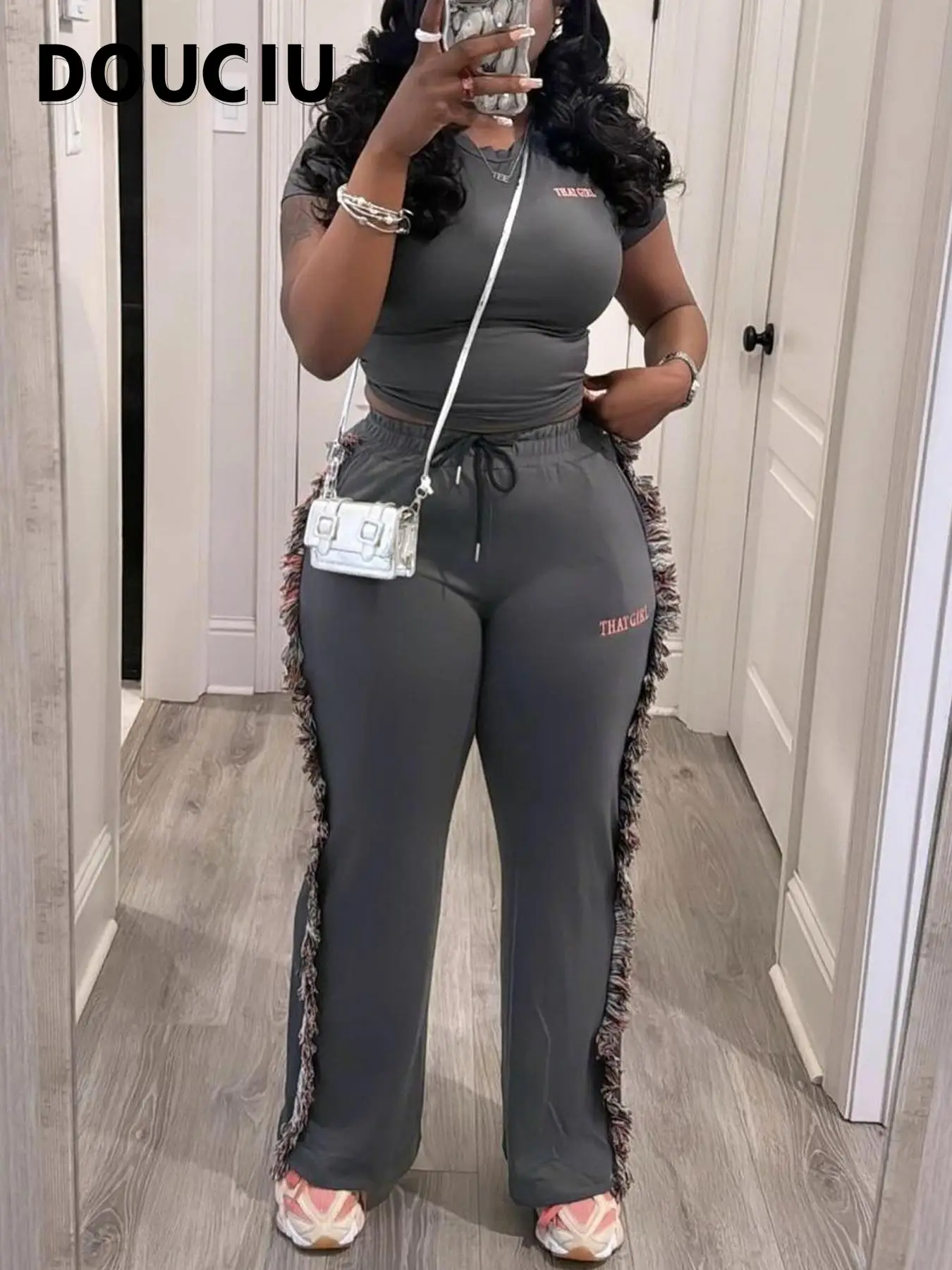 DOUCIU Women's Letter Embroidery Fringe Trim Sweatpants Set, Casual Street Short Sleeve T-shirt & Tie Front Trousers for Daily Wear, Ladies Summer Cl