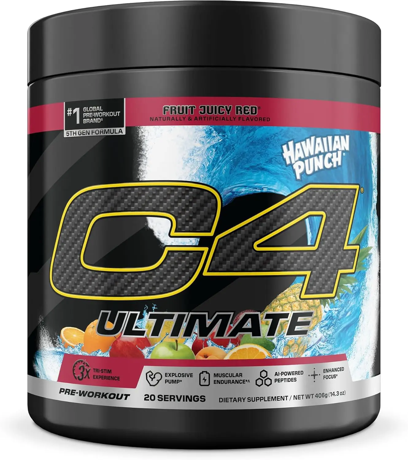 C4 Ultimate Pre Workout Powder, 300mg Caffeine Energy Formula with Beta Alanine, Creatine, TeaCrine & Dynamine, Sugar Free Preworkout for Men & Women – Hawaiian Fruit Punch, 20 Servings