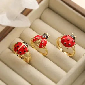 Mafisar 2025 Trendy Gold Color Copper Party Jewelry Unique Design Red/Black Enamel Ladybug Rings For Women