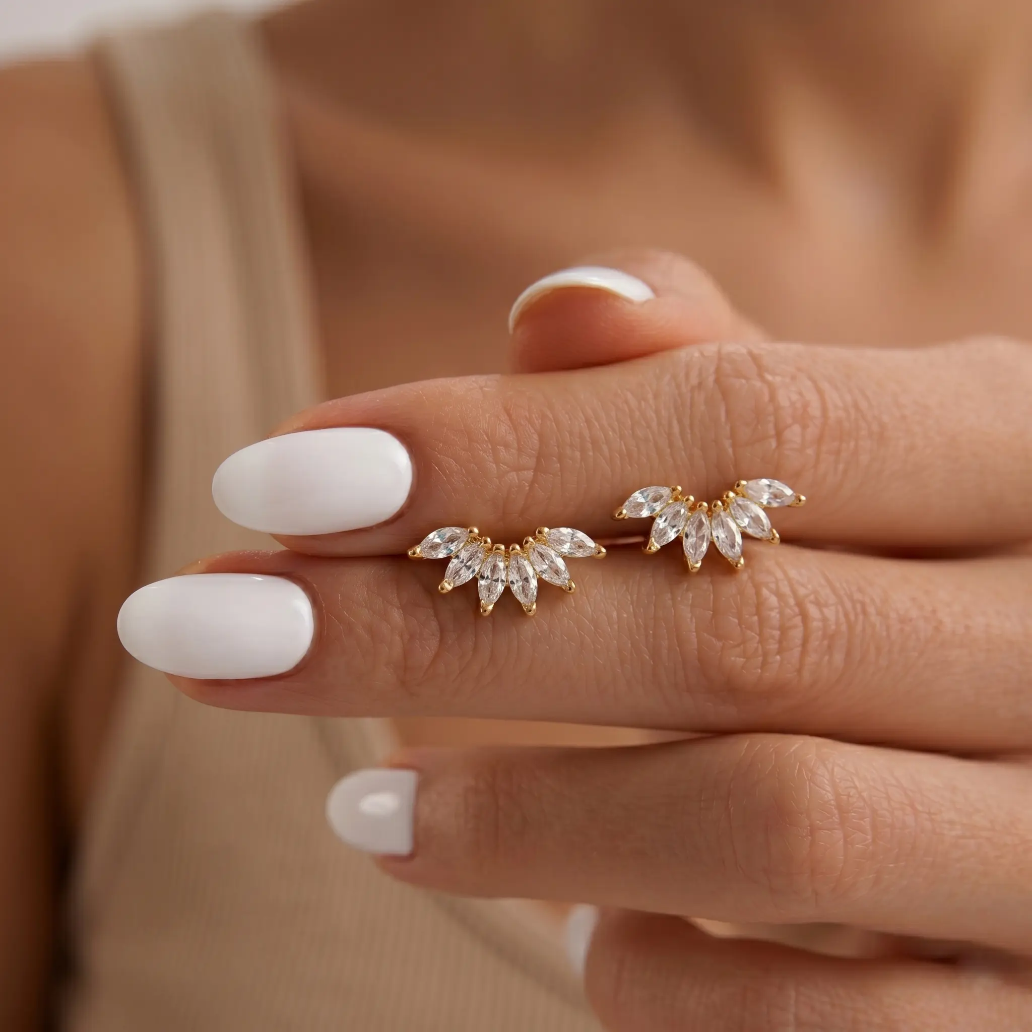 Gold CZ Marquise Fan Stud Earrings, Sparkling Crystal Lotus Crown Cluster, Dainty Screw Back Cartilage Helix Tragus Lobe Piercing Jewelry, Minimalist Ear Studs for Women, Elegant Everyday Gift, Bridal Wedding Fashion Accessory, Cute Ear Stack Jewelry Gift