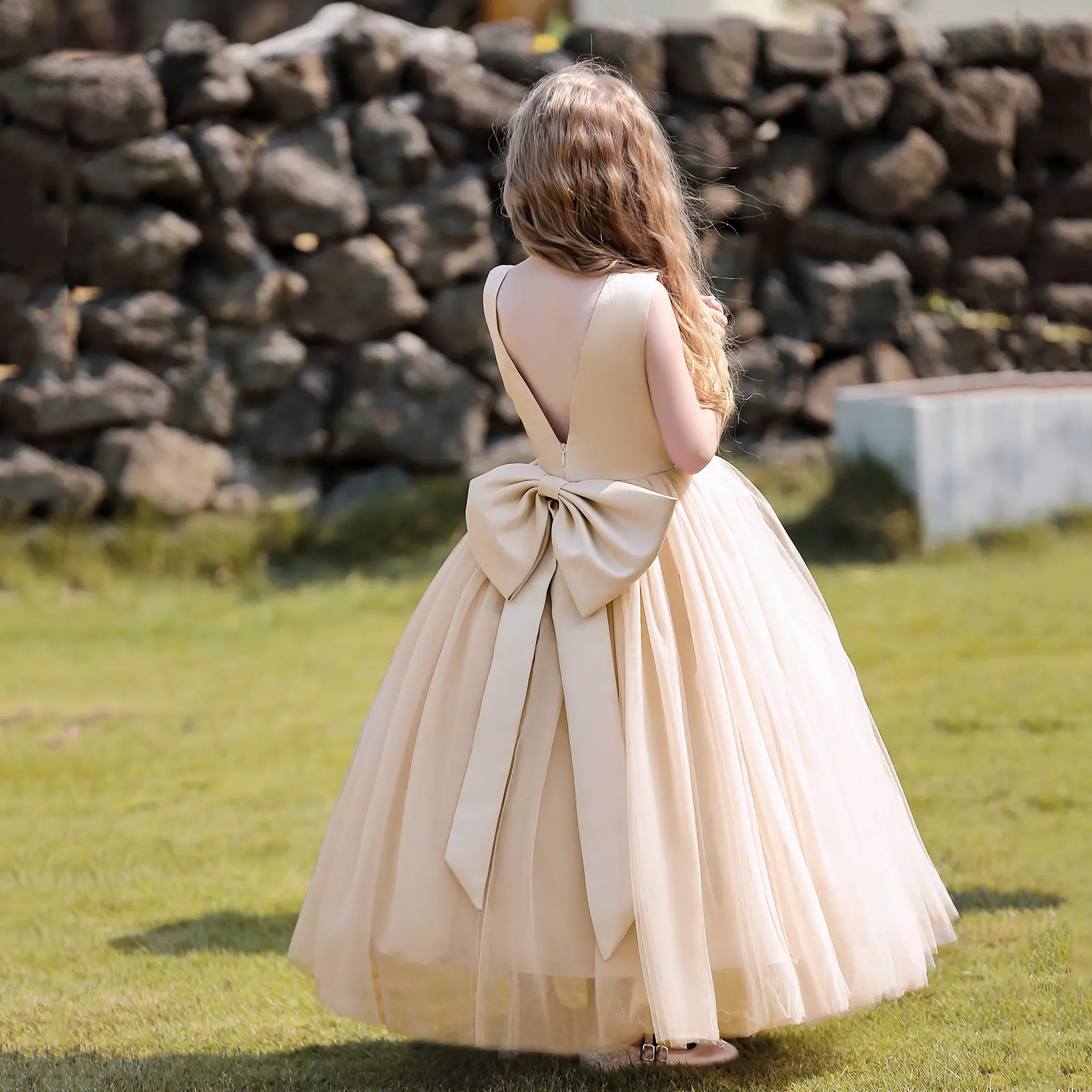Elegant Sleeveless Flower Girl Dress for Party Wedding Guest Princess Prom Kids Formal Dresses with Large Bow