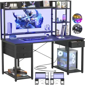 Cyclysio 47/55 inch Computer Desk with Power Outlets, Gaming desk with LED Lights, Home Office Work Desk with Monitor Shelf, Modern Office Desk Study Writing Table for Small Spaces