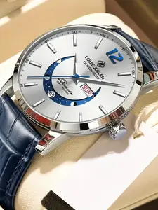 Luxury Elegant Men's Watch with Moon Phase Design, Leather Band, 30m Waterproof, Luminous Dial, Casual Style Gift for Him