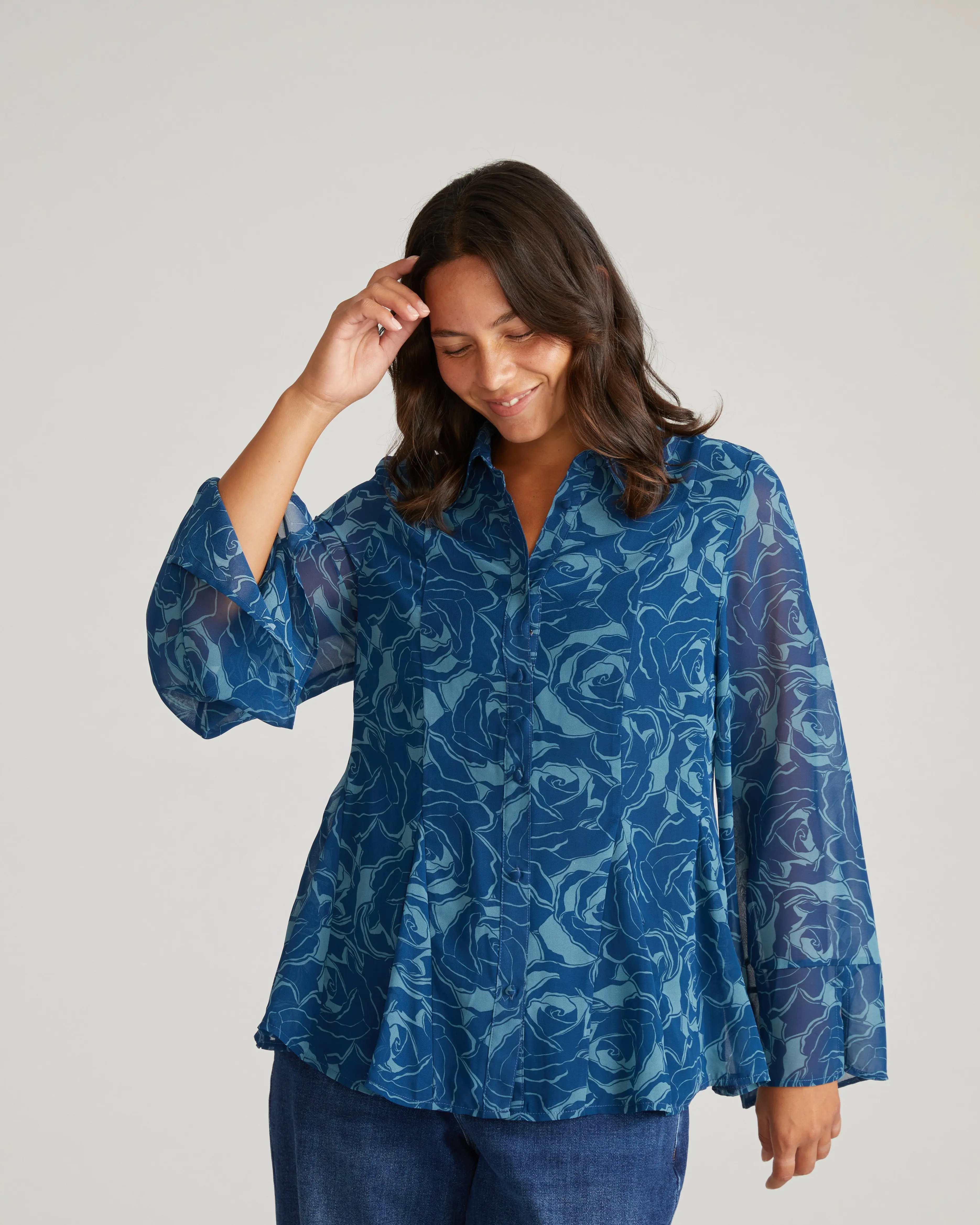 Women's Deep Teal Rose Print Chiffon Blouse - Chiffon Fabric, Long Slit Trumpet Long Sleeves, Fully Lined Body, Unlined Sleeves, Lightweight, Effortless Chic, Elevated Basics, Wardrobe Staples, for Dress Casual, Going Out, Style Inspo