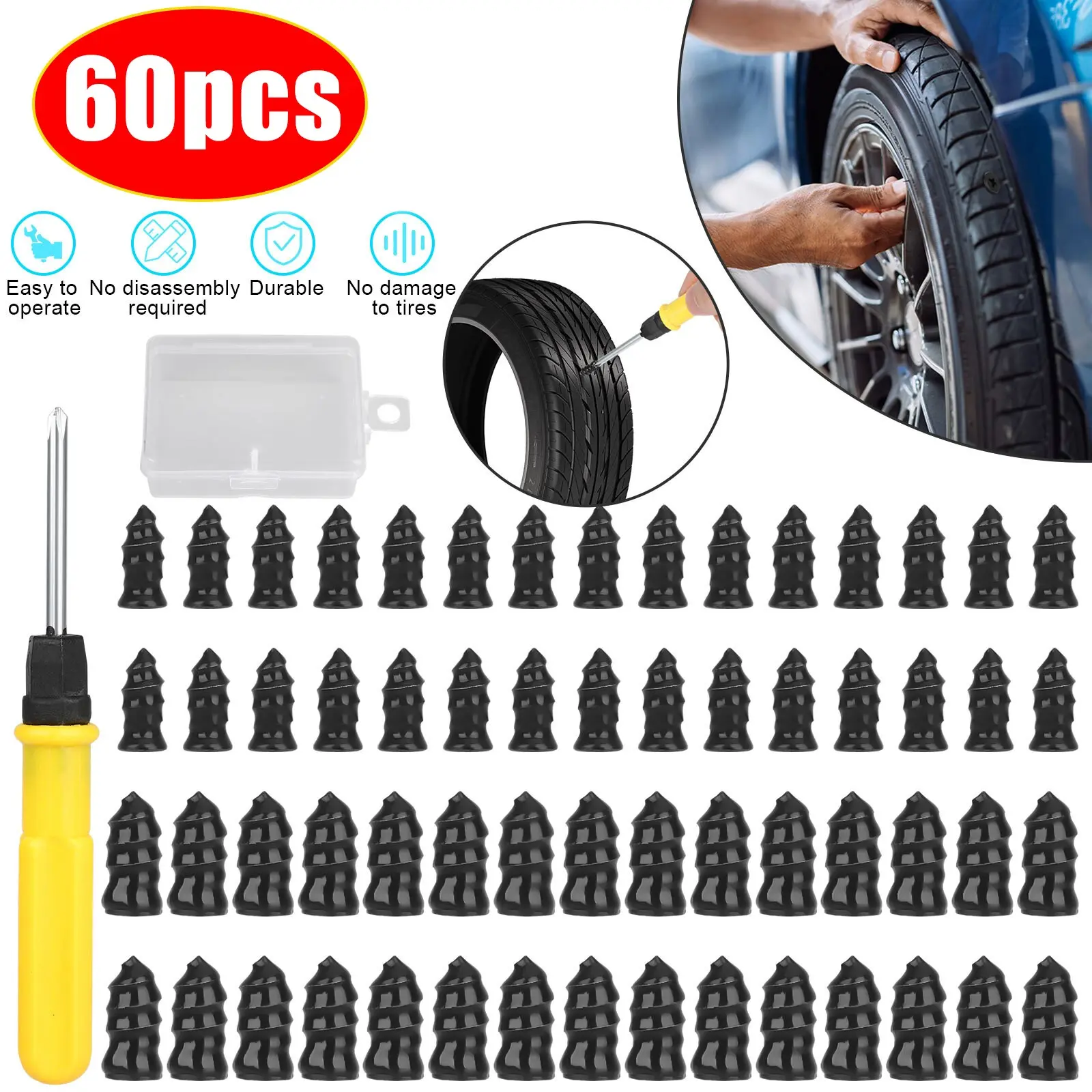 SJPACK 60PCS Car Vacuum Tire Repair Nails Rubber Screw Nail+Screwdriver Fast Tool Set