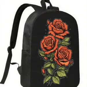 Stylish Black Backpack with Vibrant Orange Roses & Green Leaves Design - Adjustable Shoulder Straps, Lightweight, Zipper Closure - Perfect for School, College, and Outdoor Adventures, Backpack for School, For Teenager