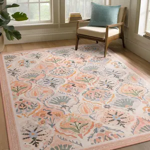 Ashler 5x7 Vintage Rug, Floral Area Rugs,-Thin Boho Tropical Rug, Vintage Large Rugs for Entryway,, Flesh Pink/Beige, Moroccan Low-Pile Machine Washable Decoration