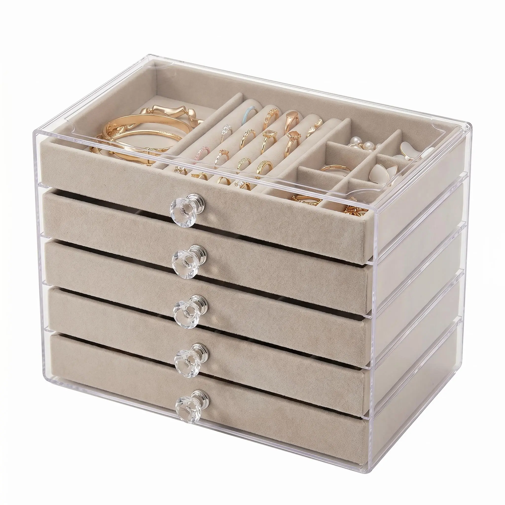 5-Tier Clear Acrylic Jewelry Organizer with Plush Velvet Lining, Multi Compartment Storage Tray for Rings, Earrings & Vanity Necklace Display