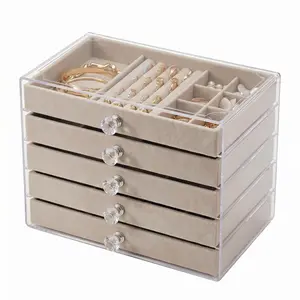 5-Tier Clear Acrylic Jewelry Organizer with Plush Velvet Lining, Multi Compartment Storage Tray for Rings, Earrings & Vanity Necklace Display