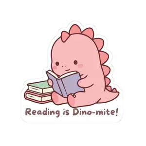 Reading is Dino-mite sticker | Kiss-Cut Sticker, Cute Pink Dinosaur Reading