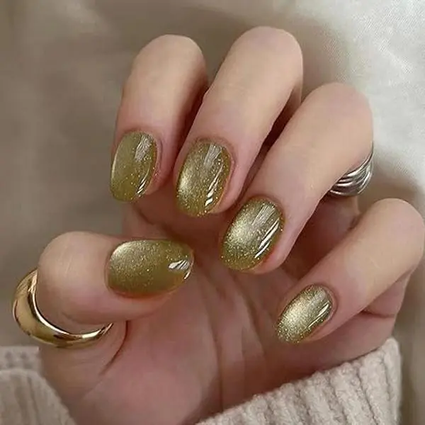 Golden Glow Cat Eye Press-On Nails – Magnetic Shimmer Gel Nail Set, Short Almond Shape, Reusable & Salon-Quality Stick-On Nails