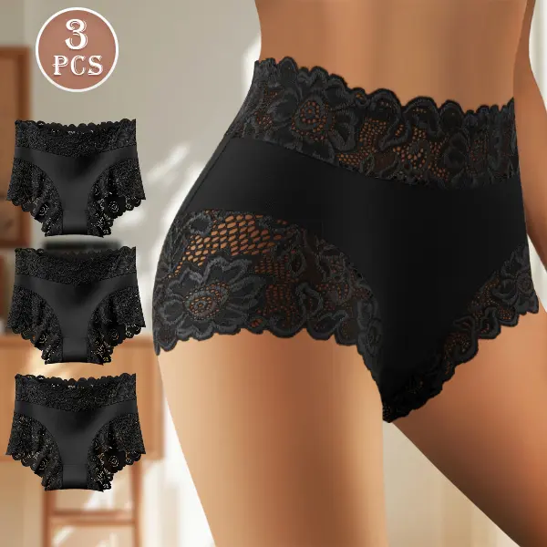 3-Pack Women’s Sexy Eyelash Lace Panties, Mid-Rise Silky Soft Stretch Full-Coverage Brief Underwear, Scalloped Floral Lace Hipster Briefs, Black or White