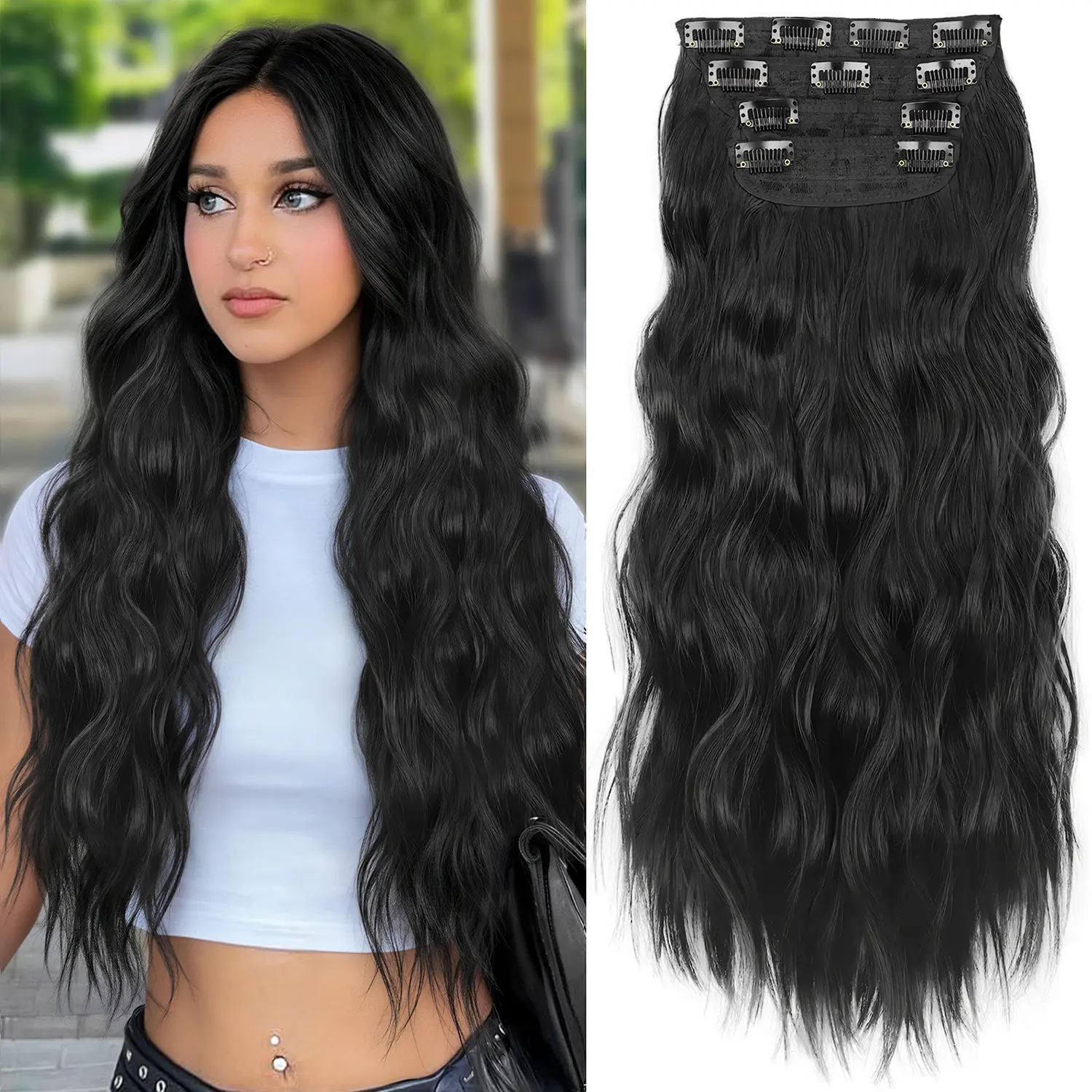 KooKaStyle 4PCS Clip in Hair Extensions for Women, 24 Inch Long Wavy Synthetic Hairpieces, 220g Thick Double Weft Extensions for Instant Volume, Length and Natural Blend