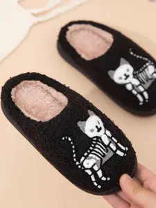 Kids' Home Slippers Unisex Fun Skeleton Cartoon Cat Soft-Soled Fuzzy Warm Slippers Winter Cotton Slippers Mystery Adventure Little Warrior Gear Personalized Trendy Home Style