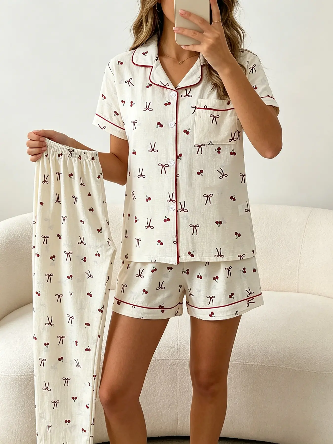 Women's 3 Piece Quiet Luxury Matching Pajama Set, Pyjamas, Pjs, Pajamas Sets, Loungewear, Nightwear, Short Sleeve Button Down Top, Shorts & Pants, All Season, Cream Base Cherry & Bow Print, Perfect For Quick Errands