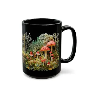 Toadstool Mushrooms 3D Effect Coffee Mug – Faux Embroidery Nature Mug, Red Mushroom Art Cup for Nature Lovers, Cottagecore Aesthetic
