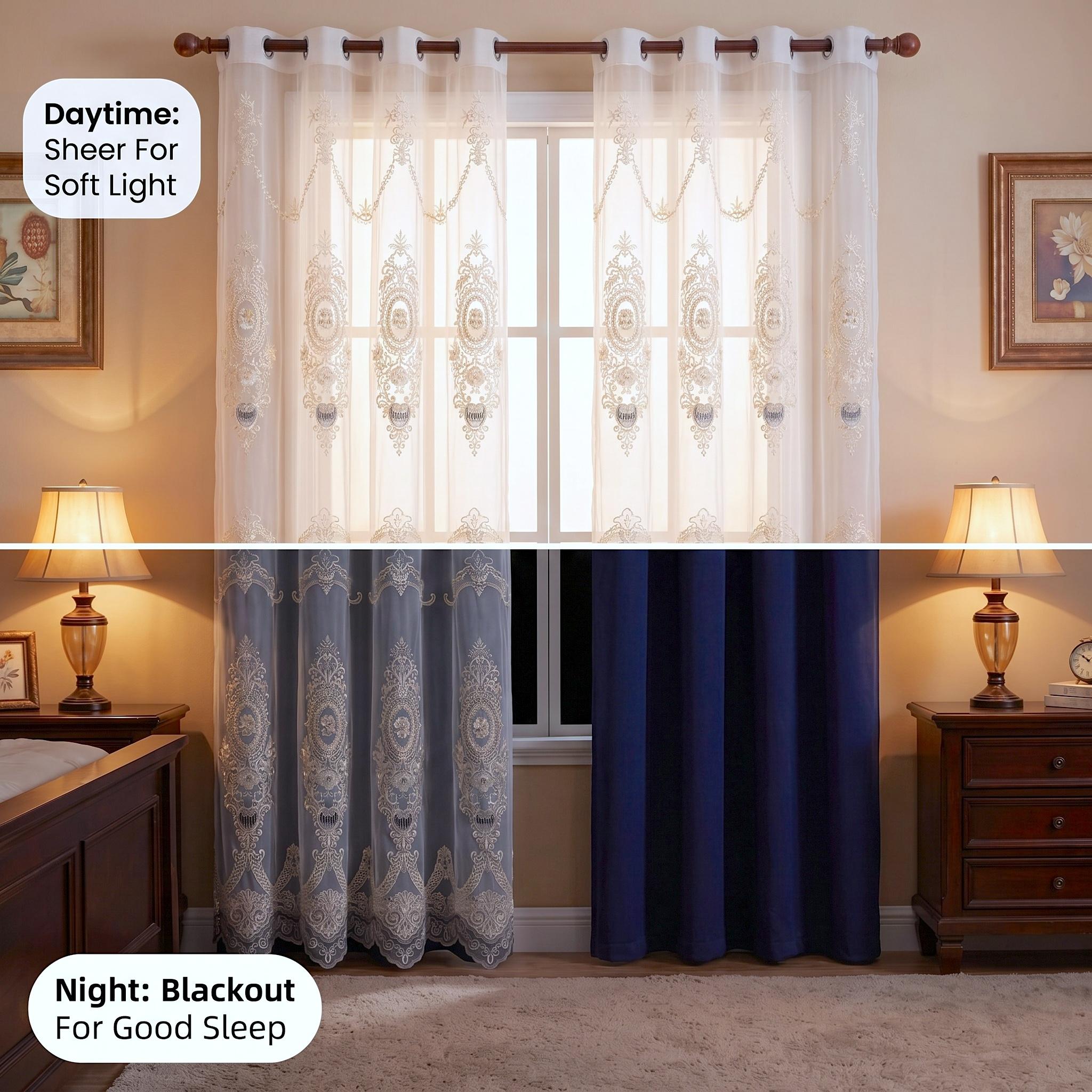 4 Panels Combination Grommets Curtains Including : 2 Panels 52x84 inch Solid Blackout Curtains & 2 Panels 52x90 inch Luxuary Embroidery Curtains QF222 QF78 noise reduction
