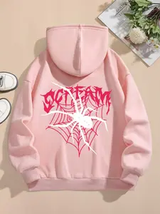 Women's Spider & Letter Print Drop Shoulder Hoodie, Fashion Casual Drawstring Kangaroo Pocket Hooded Sweatshirt for Daily Holiday Outdoor Wear, Women Clothing for Fall & Winter