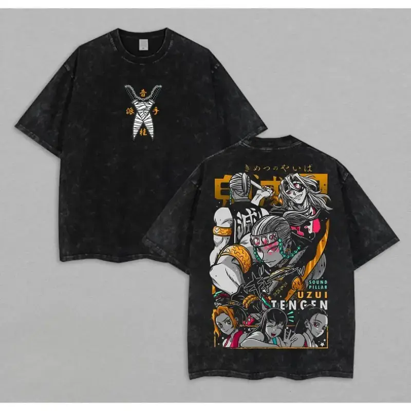 Tengen Uzui Demon Slayer Acid Washed Double Sided Print Oversized T-Shirt, Ninja Art Urban Streetwear, Gym Fit Retro 90s Vintage Graphic Tee, Y2K Casual Trendy Anime Manga Fan Gift, good graphic tees
