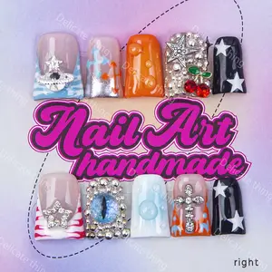 Delicatething Y2K Style Nail Art Design Set, Handmade Duckbill Shape Nails with Cherries and Stars, Includes Adhesive Jelly Glue & Dead Skin Pusher, Perfect Gift for Women
