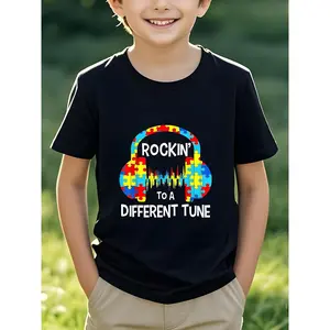 Boy Autism "Rockin' to a Different Tune" Graphic T-Shirt for Kids 5+ – Lightweight, Quick-Dry, Breathable and Moisture-Wicking, Geometric Pattern, Crew Neck, Regular Fit, Casual Style, Ideal for Everyday Wear, Sports, and Summer Activities