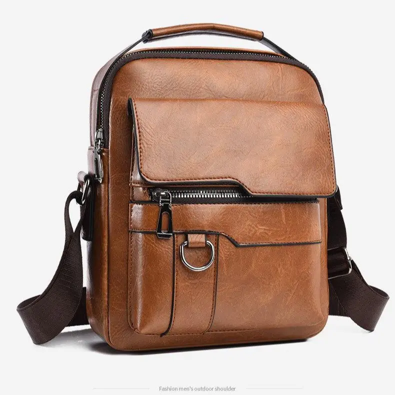 Retro Men's PU Leather Crossbody Bag - Casual Multi-Function Shoulder Messenger Bag with Top Handle, Adjustable Strap, Zip Closure for Business Use