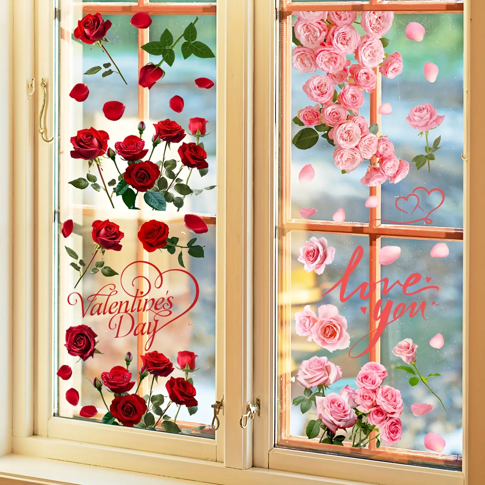A set of 4 (30cm*40cm*4pcs) red and pink rose "Happy Valentine's Day" window stickers, double-sided visible, decorative window decals, suitable for home windows, glass doors, static stickers HA16501