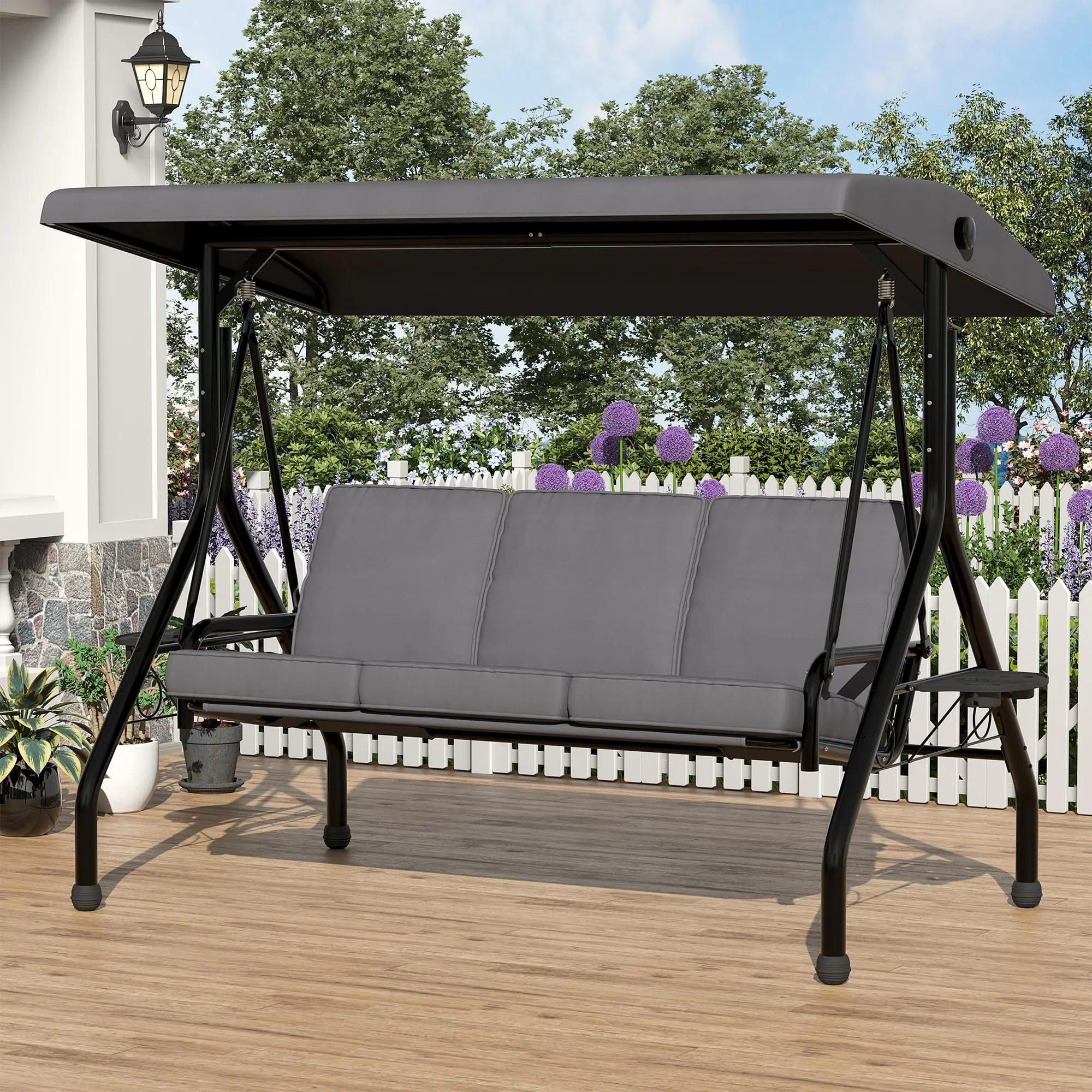 Outdoor 3-Seater  Swing Chair with Adjustable Backrest & Canopy – Removable Thick Cushions, Cup Holders,Comfortable Patio Sofa Bench for Garden
