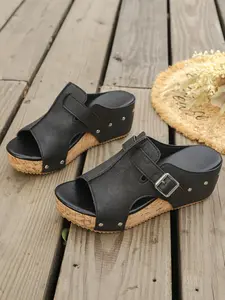 2026 Summer Tiktok Best-Selling Cork Wedge Sandals for Women, Open Toe Thick Sole Slip-Ons, Adjustable Metal Buckle Rivet PU Mules
