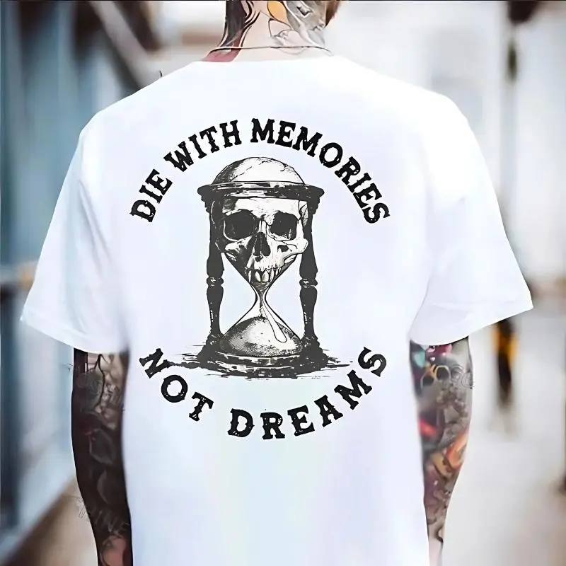 Men's Classic Cotton Fabric Short-Sleeve Unisex T-Shirt - "Die With Memories Not Dreams" Skull Hourglass Print, Casual Streetwear Apparel, Shortsleeve, Skeleton Skull Graphic Men's Short-Sleeve T-Shirts, Skull Motif Men's Short-Sleeve T-Shirts