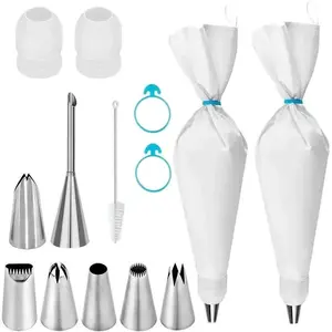 Piping Bags and Tips Set, 14 count Cake Decorating Kit with 16 inch   Pastry Bags, Medium Icing Tips, 2 Couplers, 2 Icing Bags Ties, and Clean Brush