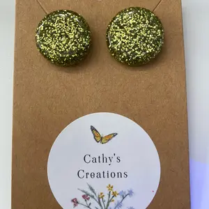 Beautiful Green Glitter button Resin post earrings