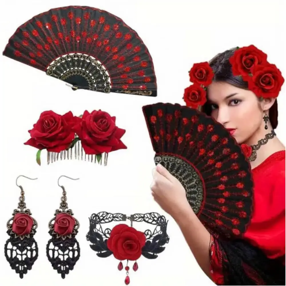 5pcs Flamenco Costume Set - Spanish Dance Outfit with Red Floral & Black Accent - Elegant Gothic Jewelry & Folding Fan for Women - Perfect for Flamenco Performances, Halloween, Cosplay, Photo Shoots - Complete Flamenco Dance Party Accessories tiktokshopsp