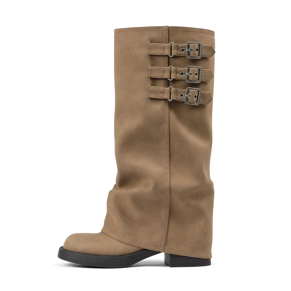 Women's Fold Over Knee High Boots, Suede Buckle Strap Slouch Tall Boots, Platform Low Block Heel Western Cowboy Boots for Daily Casual Outdoor Walking