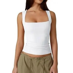 Women Square Neck Sleeveless Double Layer Tank Top Basic Tight T Shirt Summer Outfit Summer Style OOTD Itgirl Dayinmylife Halter Top Matching Set Wide Leg Pants Corset Top Backless Ruched Old Money Clean Girl Y2K Coquette