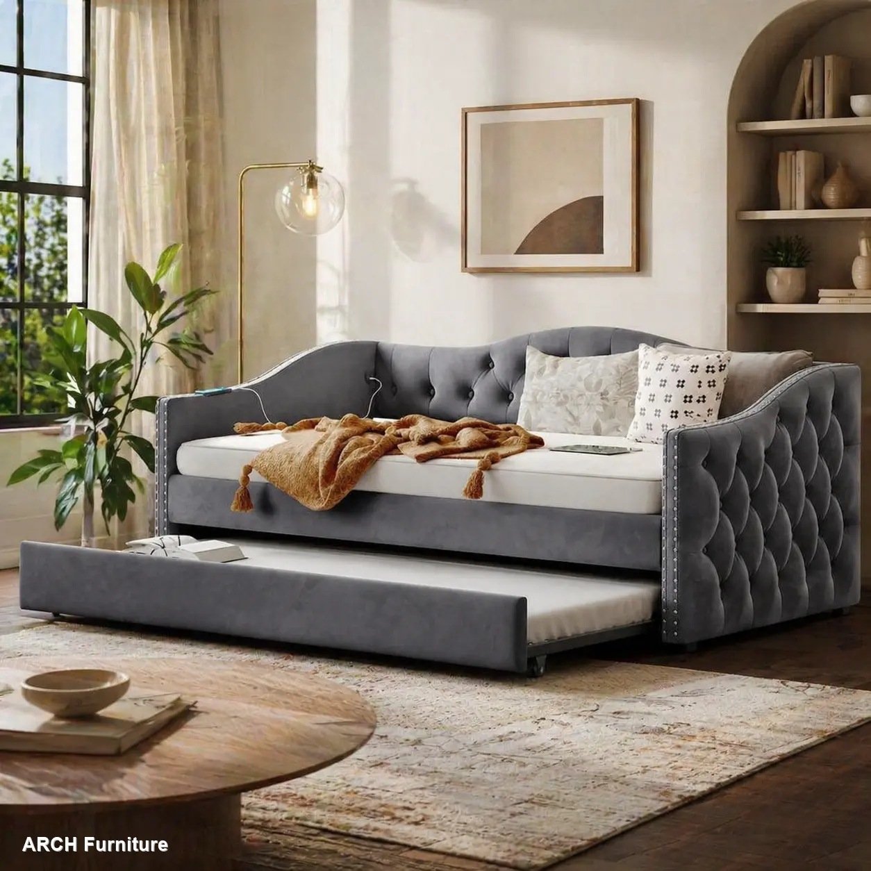 Classic Gray Twin-Size Velvet Fabric 2 in-1 Sofas & Couches Daybed Combo - Comfy Couch, Polyurethane Foam, Tufted Back, Waved Arms, Trundle, USB Charging Station, Storage, Sturdy Wood Slat Support, Wood Frame, 81.10x40.55x29.50in Indoor Bedroom Furniture