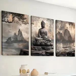 3pcs Framed canvas painting and poster, Ready to Hanging, Buddha Religious Believers Ideal Decor, Home Decor, Wall Art, Room Decor, Home Murals, Hd Printing, Ideal Gift, Living Room, Bedroom, Dining Room, Office Decoration