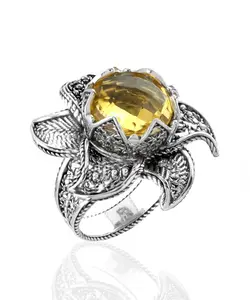 Lotus Flower Citrine Gemstone Women Silver Statement Ring