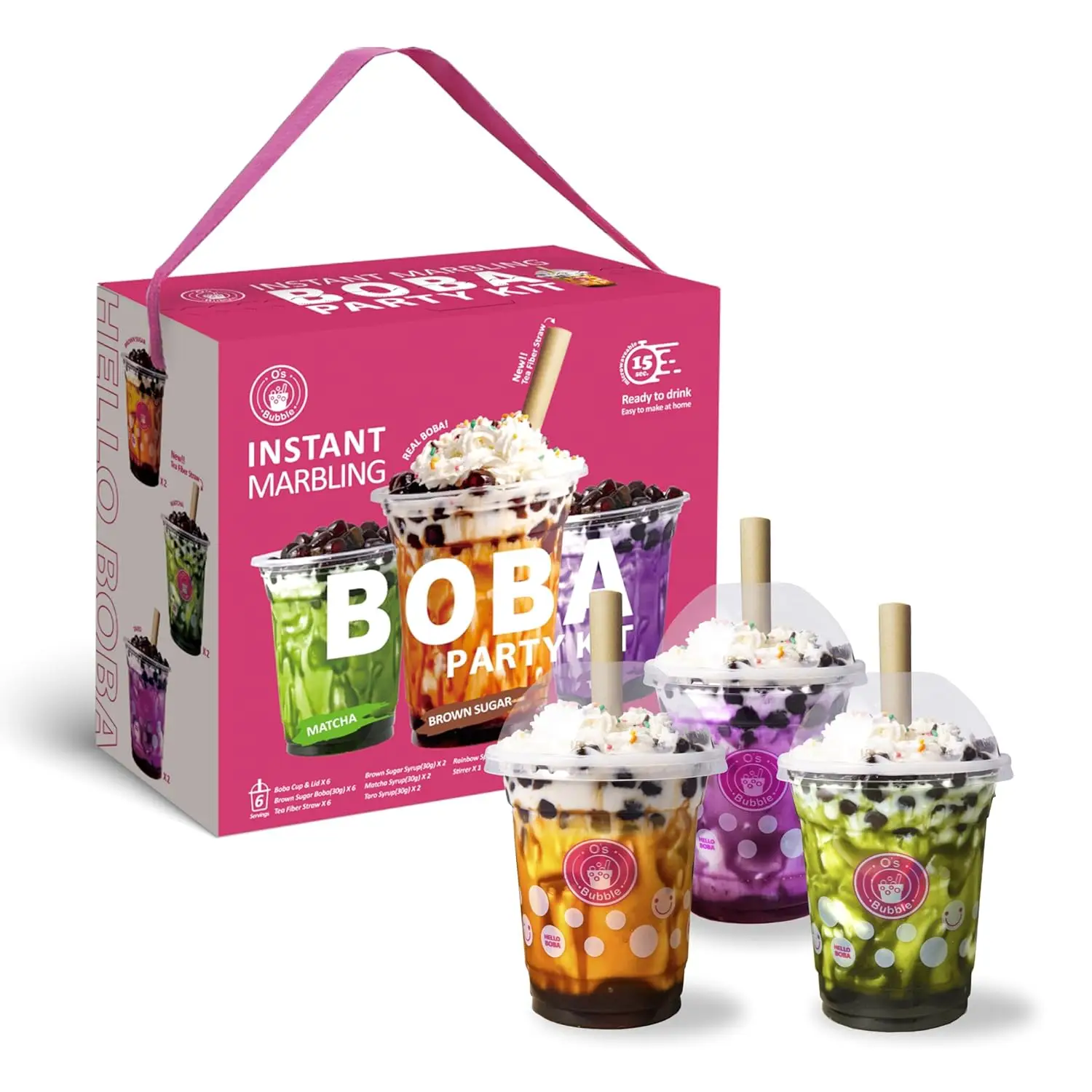 O's Bubble Instant Boba Tea Party Kit - 6 Servings, 3 Flavors of Boba Pack, Real Boba Tea and Ambient Storage, Party Time Drinks
