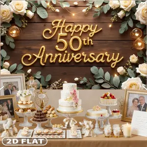2D FLAT 1pc Polyester Happy 50th Anniversary Decor Party Banner, 110x180cm/43.31x70.87 Inch 50th Wedding Anniversary Party Decoration Floral Backdrop, Celebration Golden Wedding Birthday Party Supplies Decor Photography Background for Men Women