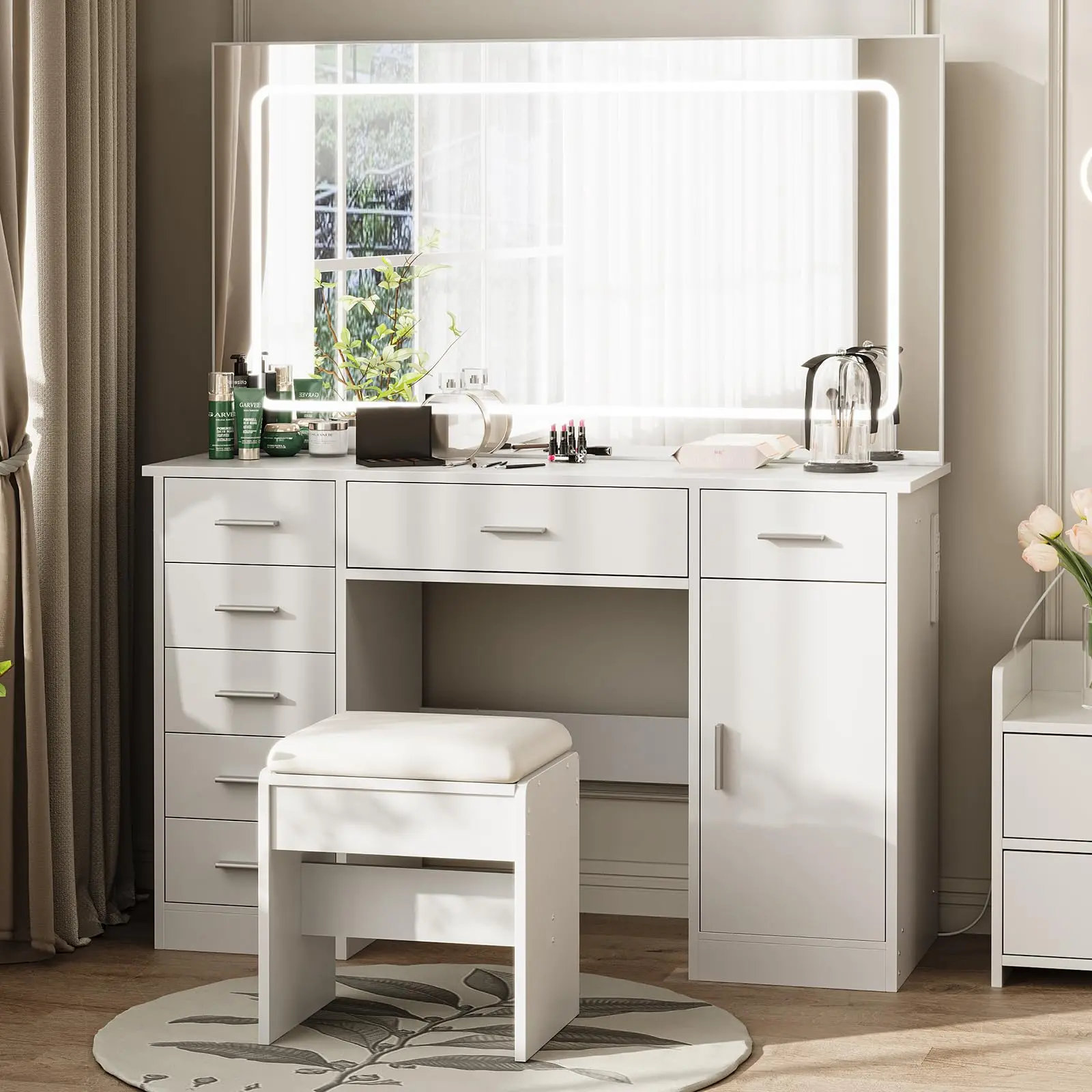 Garvee Vanity Desk with Large Mirror and Lights, Makeup Vanity with Charging Station, 3 Lighting Modes Adjustable Brightness, Vanity Table Set with 7 Drawers, Makeup Table for Bedroom