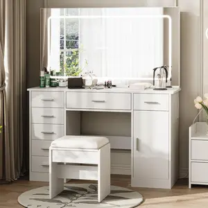 Garvee Vanity Desk with Large Mirror and Lights, Makeup Vanity with Charging Station, 3 Lighting Modes Adjustable Brightness, Vanity Table Set with 7 Drawers, Makeup Table for Bedroom