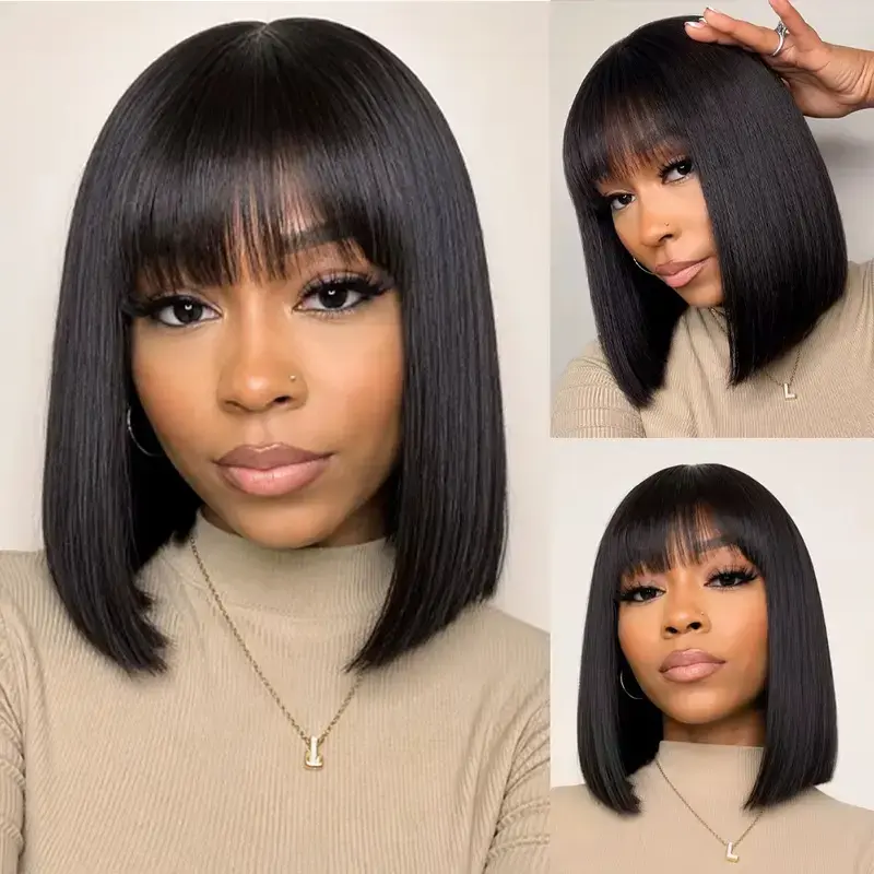 SUKI ORIGINAL 200% Density Glueless Lace Short Bob Straight Wig With Bangs 100% Human Hair Full machine For Black Women Beginner Friendly