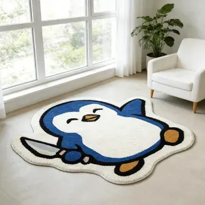 Blue Cartoon Penguin Living Room Sofa Carpet Trendy Tricky Style Bedroom Decoration Bedside Carpet Fluffy Soft Cloakroom Lounge Carpet Home Kitchen Bathroom Entrance Door Non-Slip Floor Mat Leisure Area Coffee Table Coffee Table Carpet Washable Carpet
