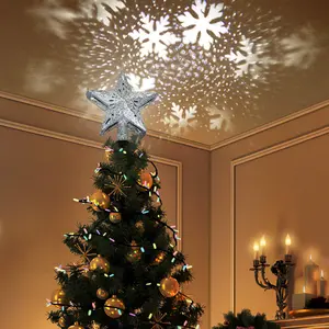 Christmas Tree Topper Star with Led Projector Lights Hollowed,Silver 3D Snowflake Dynamic Projection for Chriatmas Party Holiday Decorations