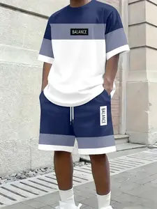 Men'S Trendy Menswear BALANCE Letter Two-Piece Set with Digital Print Technology, Short-Sleeve And Shorts for Everyday Wear Clothes