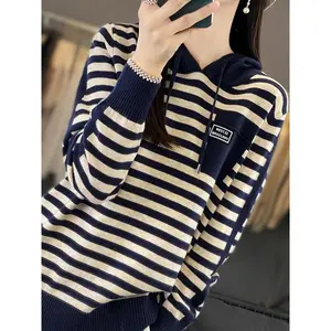 Women'S New Autumn Striped Hooded Knit Sweater - Made from Soft, Skin-Friendly Fabric.
